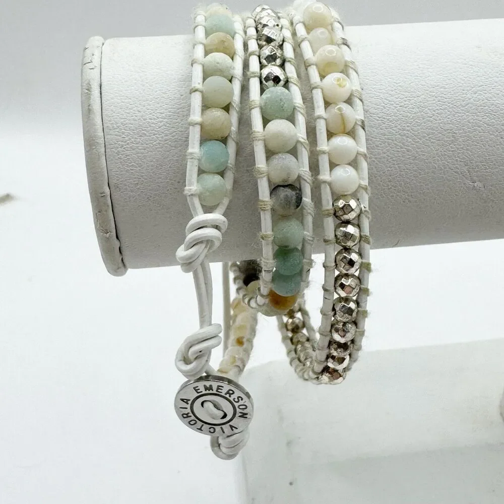 Victoria Emerson White Wrap Bracelet Muted Neutral Teal Stone And Silver Beads